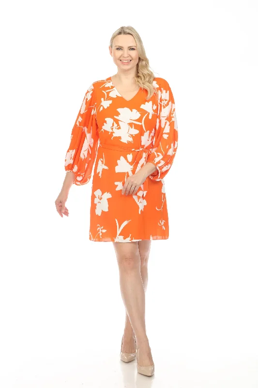 Reduced Prices Joseph Ribkoff Mandarin/Vanilla Floral Print Belted Puff Sleeve Shift Dress 241207