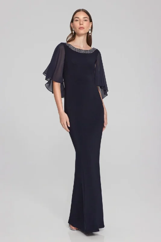 Super Bargain Joseph Ribkoff Midnight Blue Sequined Chiffon Cape Long Evening Dress 241717
