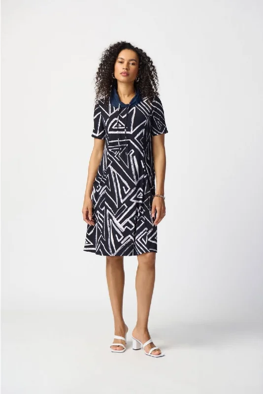 Stock Clearance Joseph Ribkoff Midnight Blue/Vanilla Geometric Print Short Sleeve A-Line Dress 241028