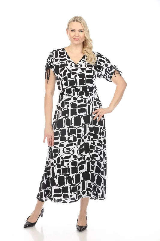 Instant Discount Joseph Ribkoff Vanilla/Black Geometric Print Shirred Sleeve Maxi Dress 242100 Instant Discount Joseph Ribkoff Vanilla/Black Geometric Print Shirred Sleeve Maxi Dress 242100