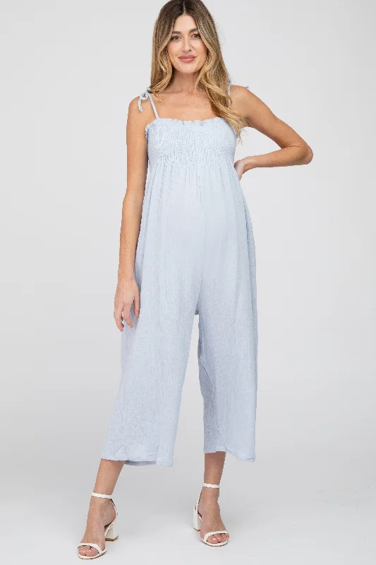 Epic Deals Light Blue Gauze Smocked Tie Strap Maternity Jumpsuit