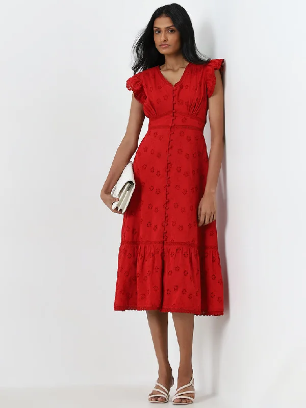 LOV Red Schiffli Design A-Line Cotton Dress