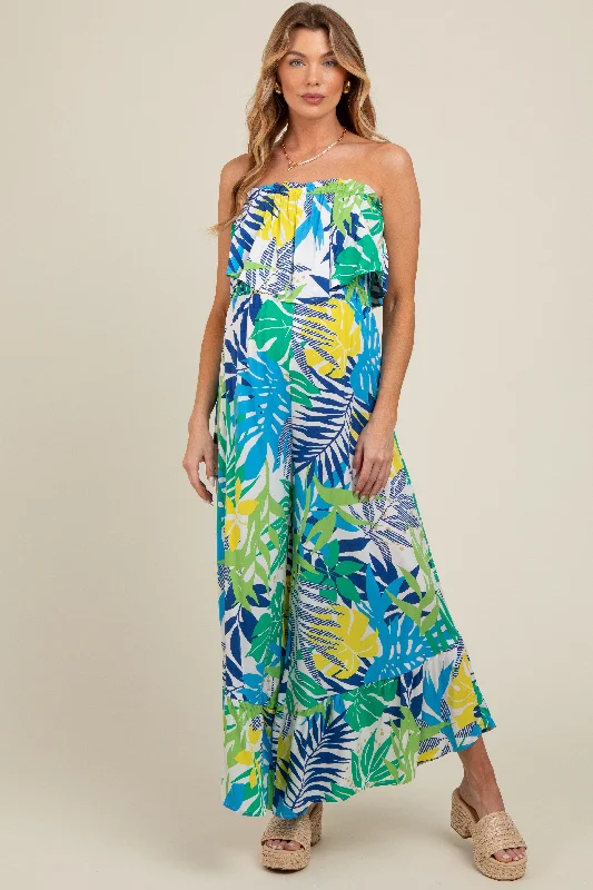 Multi-Color Palm Strapless Ruffle Wide Leg Maternity Jumpsuit