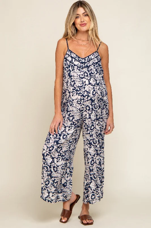 Limited Quantity Navy Blue Floral Wide Leg Crop Maternity Jumpsuit