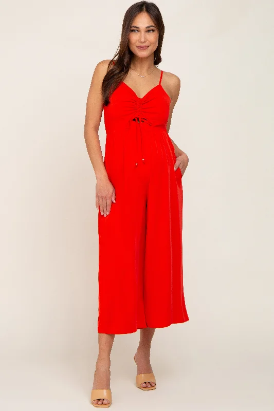 Bonus Savings Red Sleeveless Ruched Drawstring Maternity Jumpsuit