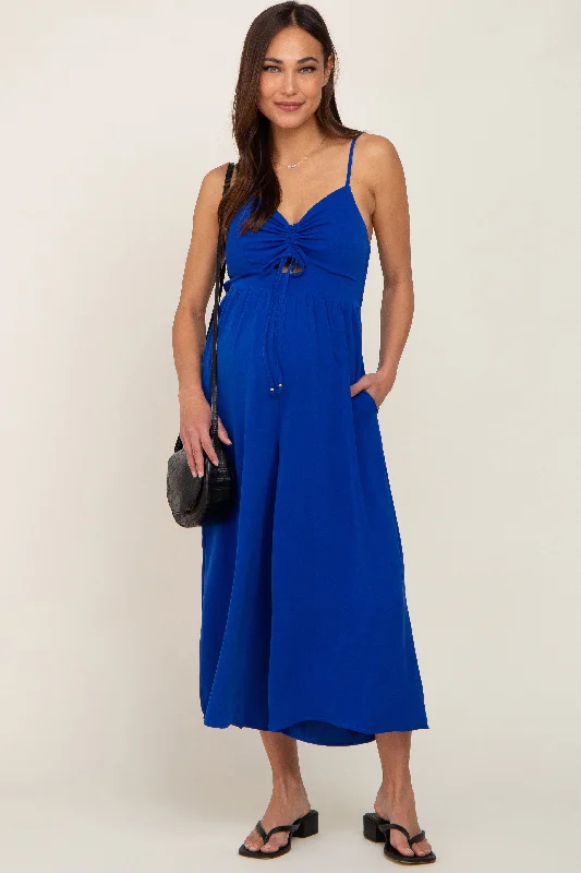 Amazing Deals Royal Blue Sleeveless Ruched Drawstring Maternity Jumpsuit