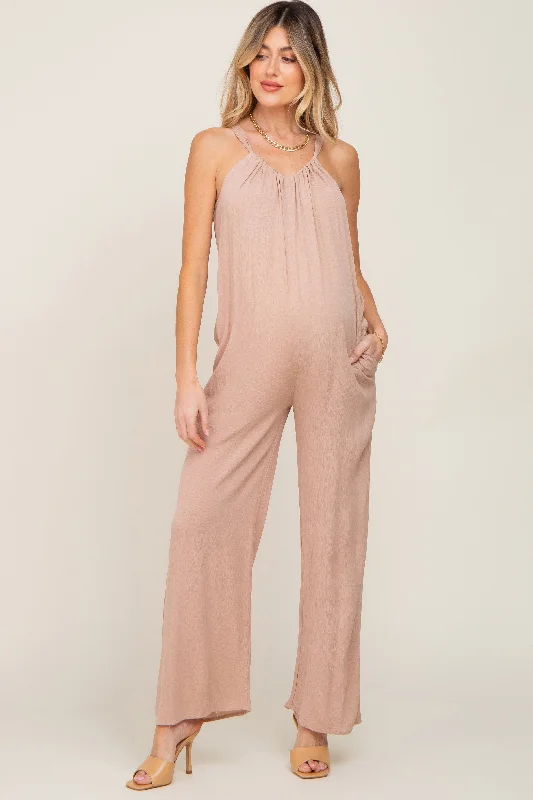 Price Drop Alert Taupe Halter Neck Maternity Jumpsuit