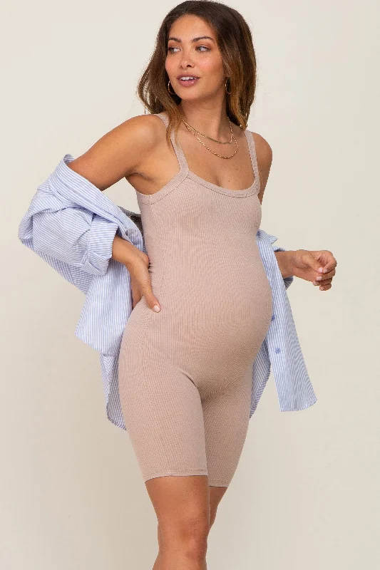 Sneak Peek Sale Taupe Ribbed Bodycon Maternity Romper