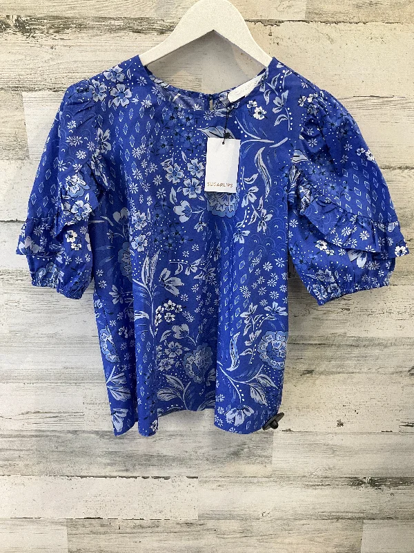 Limited Availability Blue Top Short Sleeve Sugar Lips, Size S