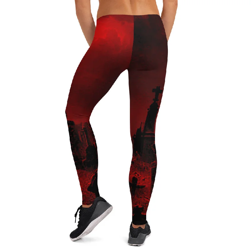 Limited Edition Red Gothic Haunted Cemetery Fashion Leggings